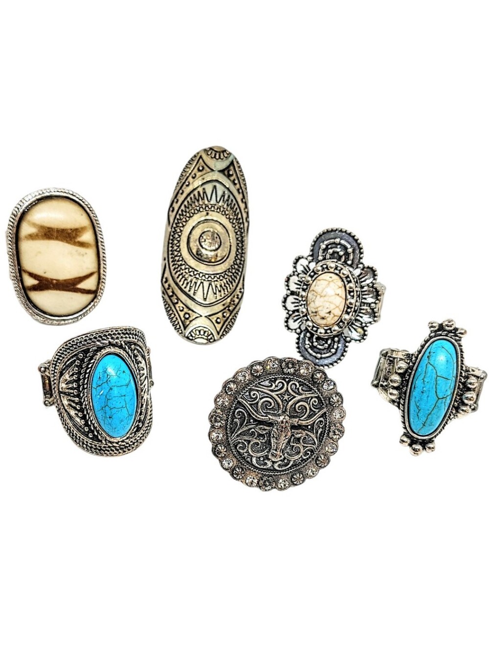 🩵 6pc Fashion Chunky Stretchy Rings Tribal Southwestern Cocktail Ring Lot